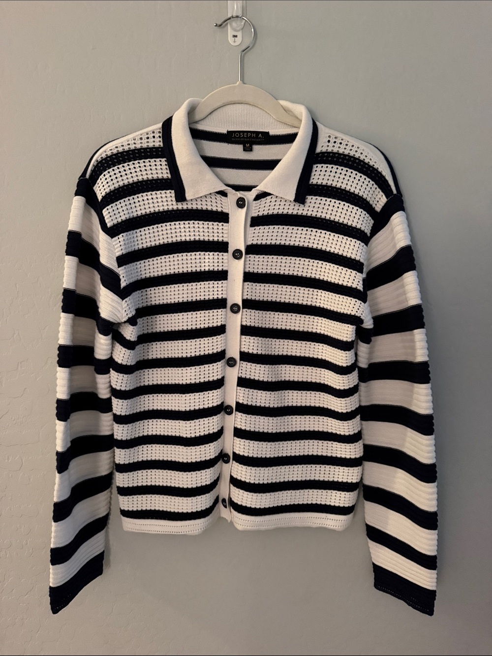 Joseph A Navy blue and White Striped Polo-Style Knit Cardigan M